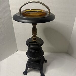 Vintage Cast Iron Pot Belly Stove Smoking Stand Brass Amber Ashtray Crown Create